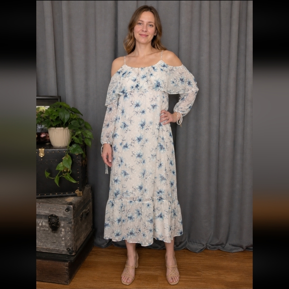 MOON RIVER  Swiss dot sheer lined cold shoulder ruffled maxi snall